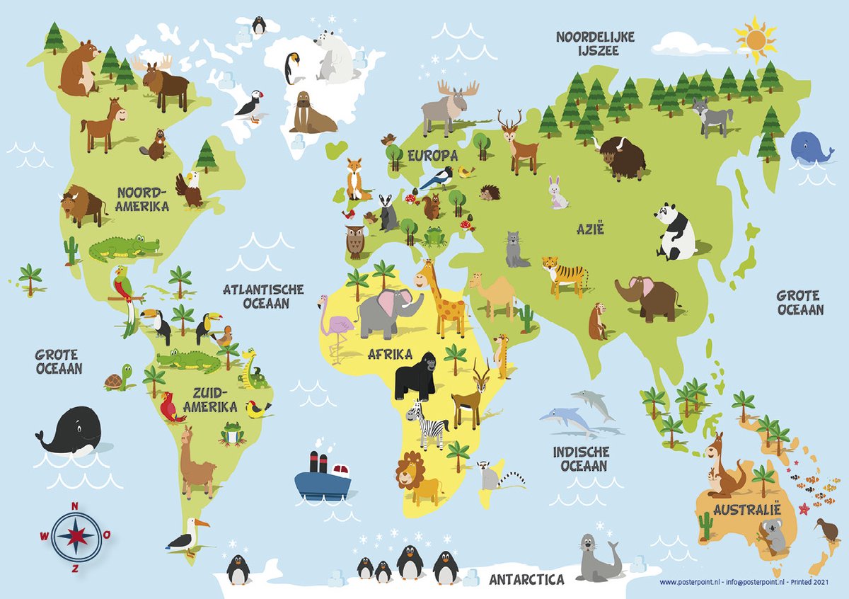 Wereldkaart poster kinderen - NEDERLANDSE TEKST - dieren - 50 x 70 cm - wanddecoratie - multi - roze