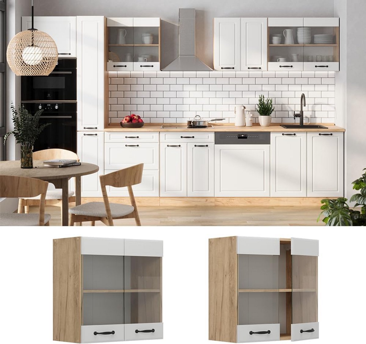 Witte Glazen Keukenkast Hangend 60 cm - Landhuis Stijl Wandkast Servies