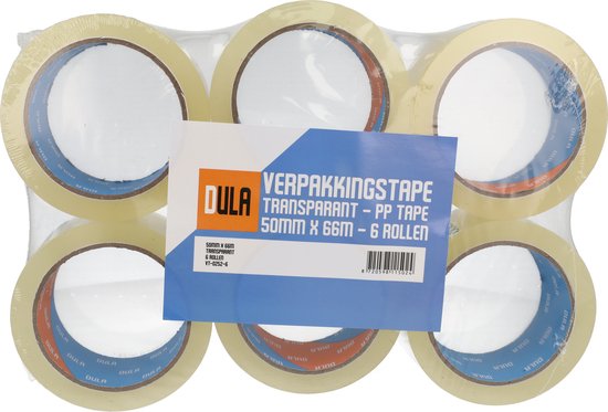 Verpakking met 6 rollen transparante DULA tape, 50mm x 66m.