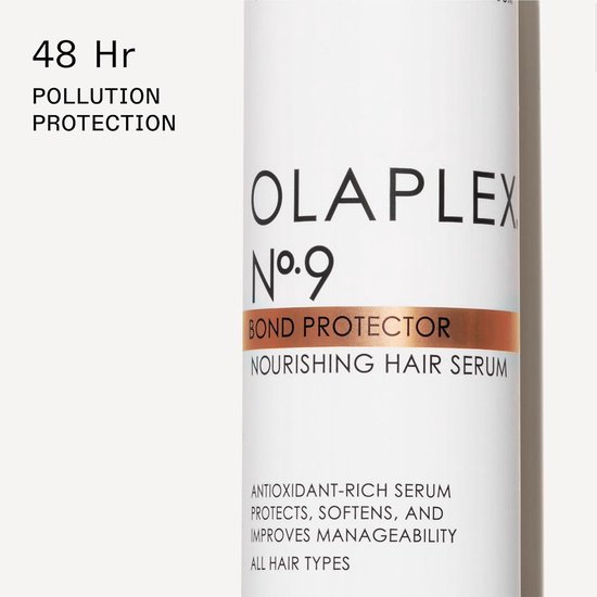 Olaplex No.9 Bond Protector Nourishing Hair Serum met tekst '48 Hr POLLUTION PROTECTION'.