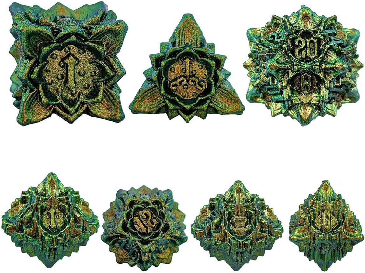 7-delige Set Metalen D&D Dobbelstenen met Uniek Bladvormig Ontwerp voor Rollenspellen