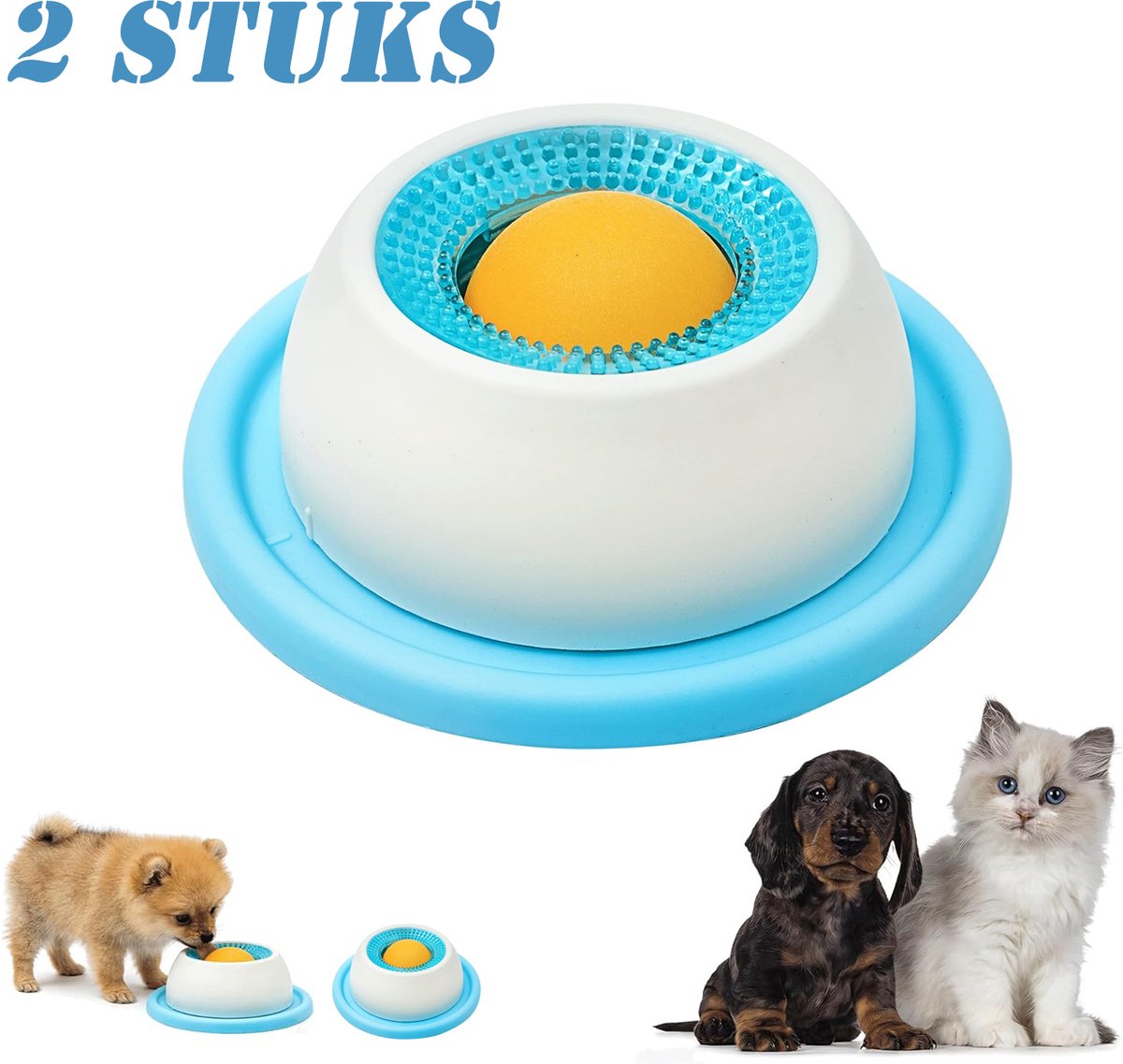 Likspeeltje voor honden - 2stuks - likbak voor honden - likbal - likbal voor kleine honden - voerdispenser - voerbak met geïntegreerde draaiende bal voor verveelde puppy's en katten - blauw