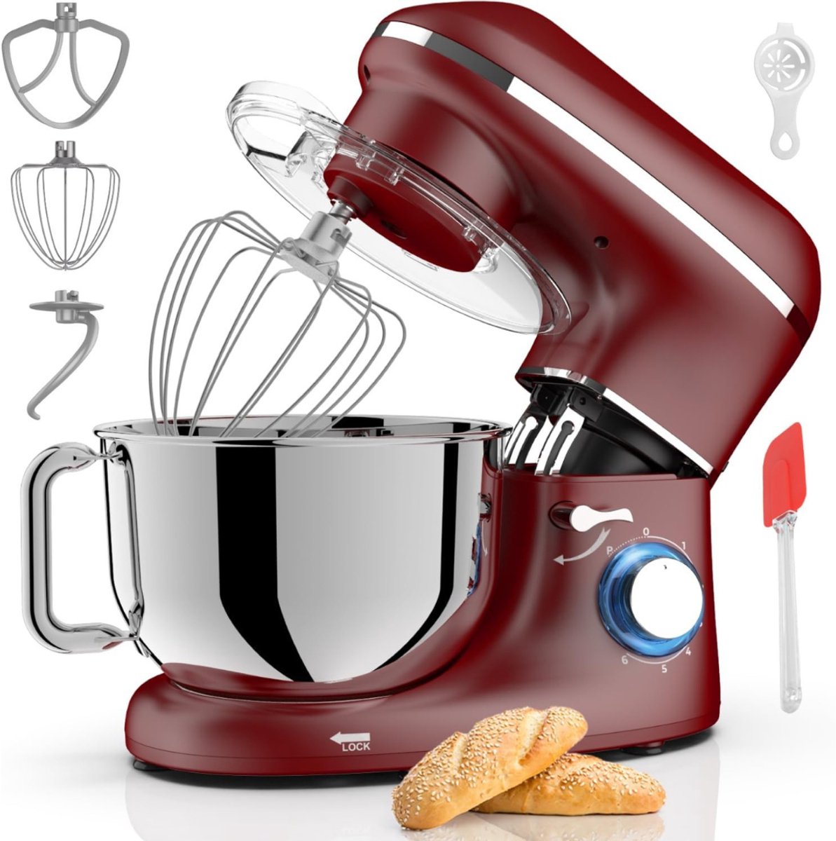 MIRA® Deegmachine - Elektrische Deegmixer - Keukenmixer - 6.2L - Mixen en Mengen- Rood - 38cm x 24cm x 32cm
