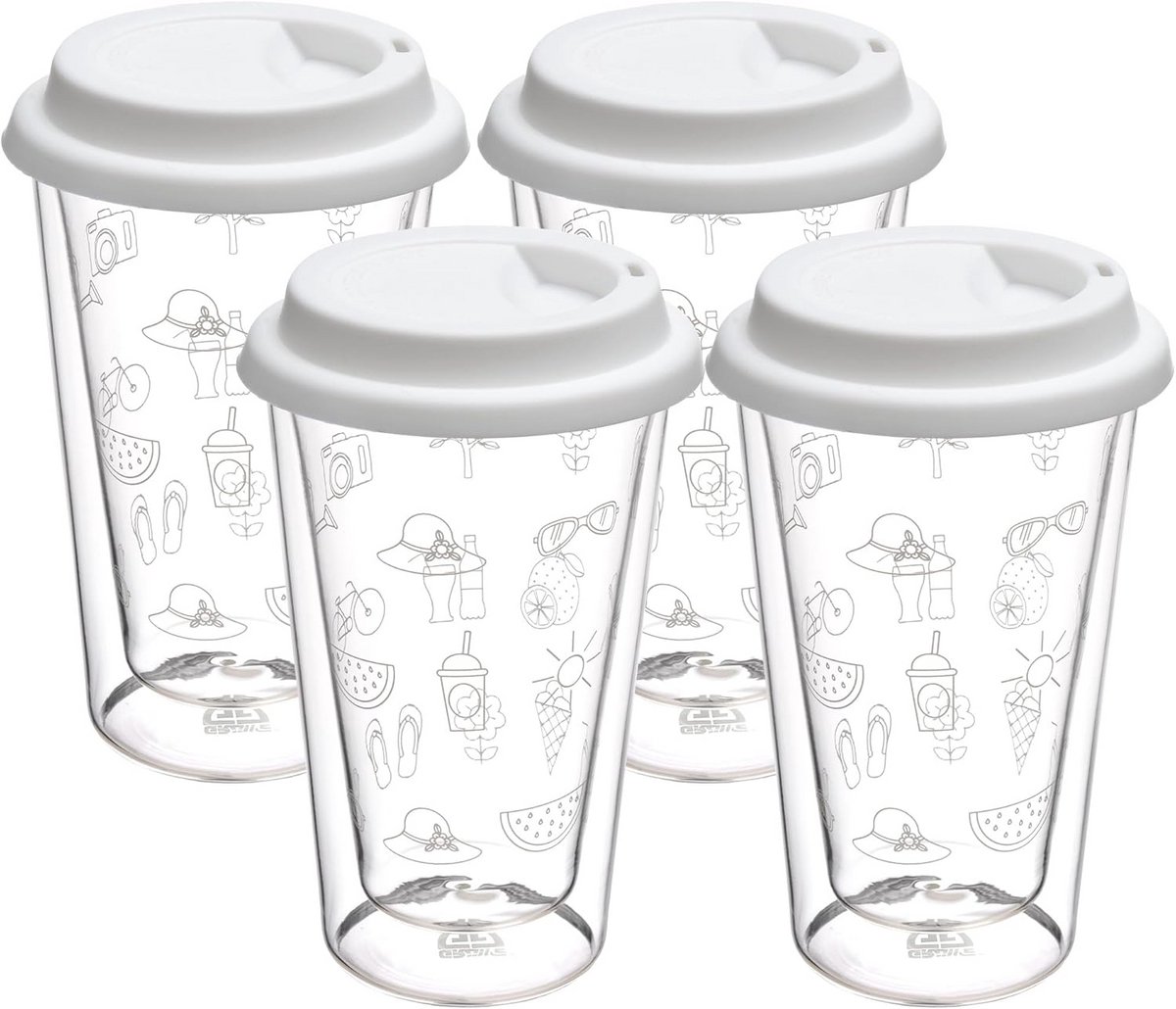Set van 4 Dubbelwandige Thermoglazen 300 ml met To-Go Deksel