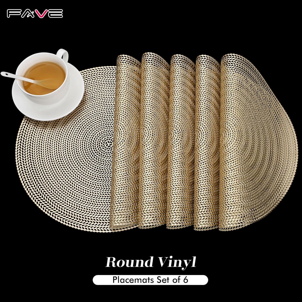 Set van 6 Ronde Tafelmatten Goud Vinyl 35cm - Wasbaar en Hittebestendig