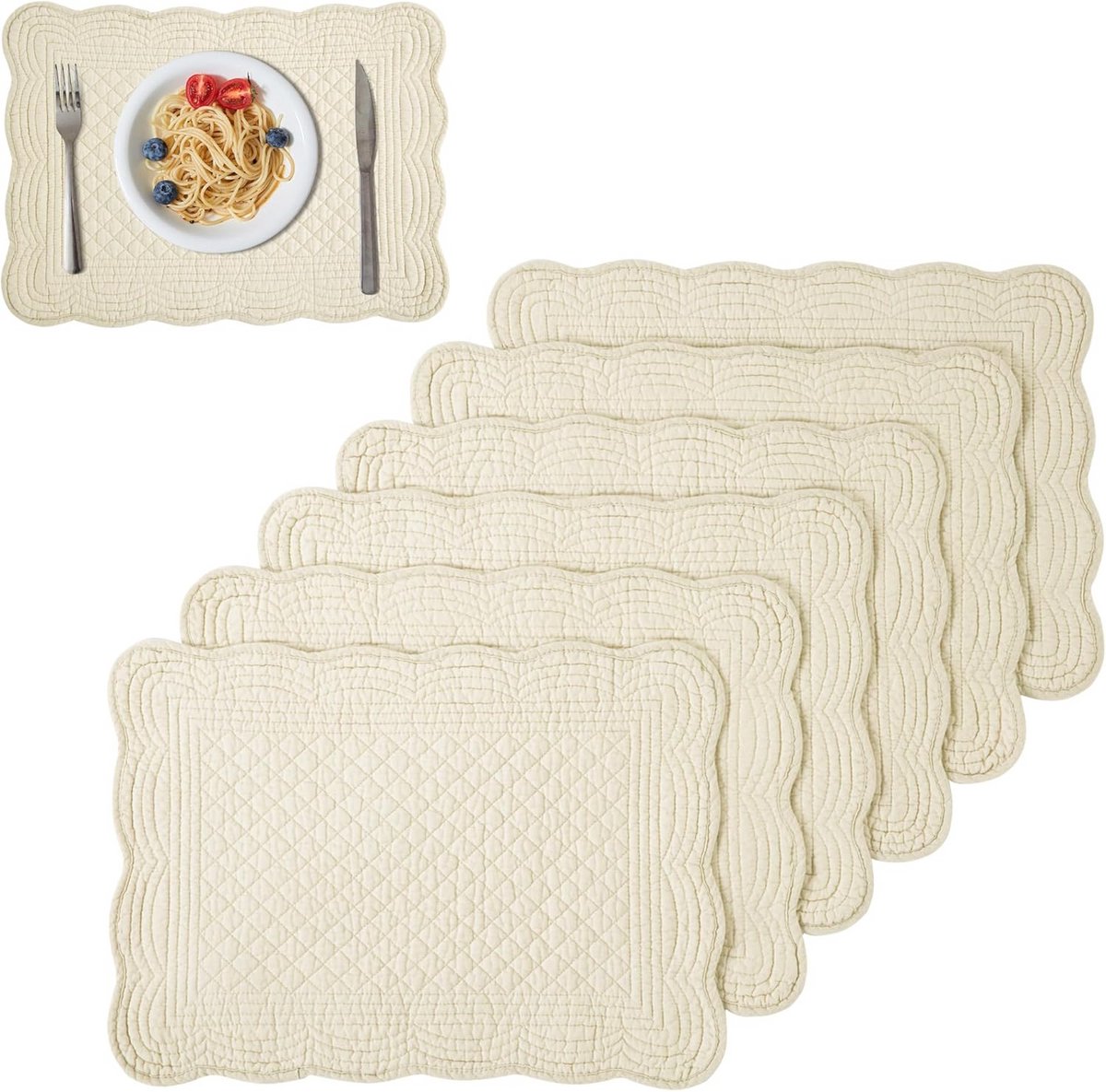 Set van 6 Gewatteerde Rechthoekige Placemats - 100% Wasbaar Katoen - 33x46 cm
