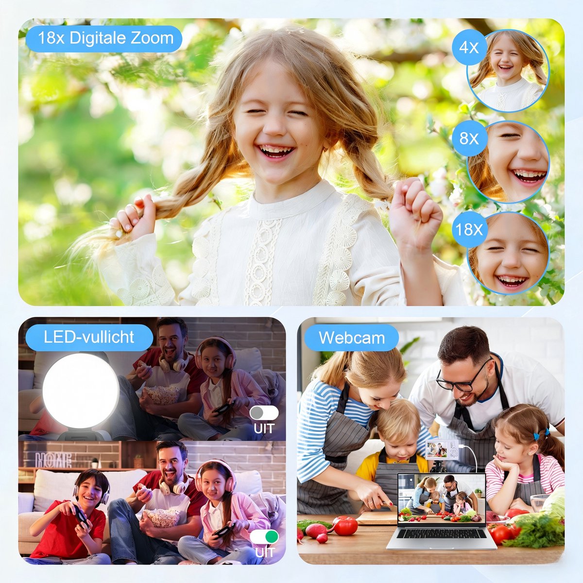 4K Digitale Camera voor Beginners & Kinderen - 48MP Fotocamera met Autofocus - 18X Zoom - Compact Camera met 2.8" Scherm - Inclusief 32GB SD-kaart & Handig Opbergzakje - Zwart thumbnail 2