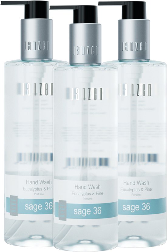 Drie doorzichtige flacons handzeep met pompdispenser. De geur is Eucalyptus & Pine, 'sage 36'.