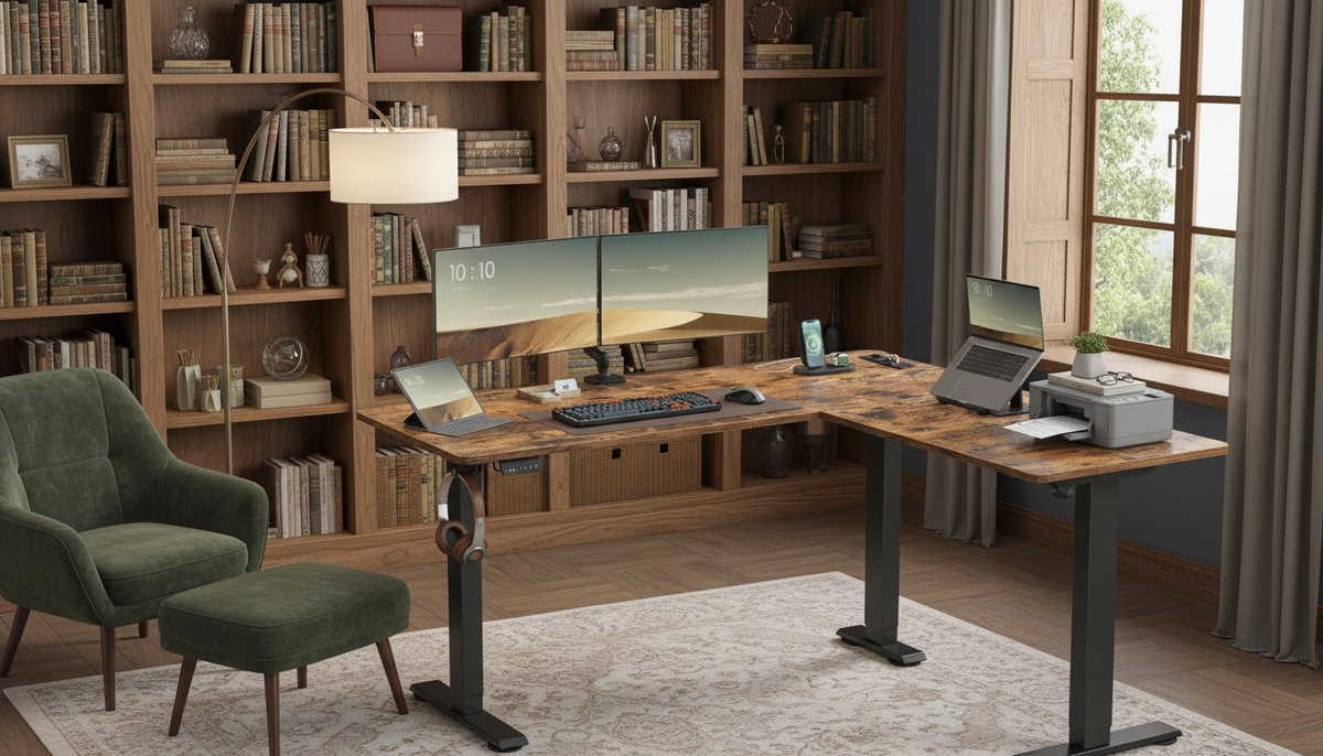 Electric Desk L-vormig Casa Velluto ErgoCorner 140x160 cm – In Hoogte Verstelbaar Zit-Sta Bureau met Geheugenfunctie voor 2 Hoogtes, USB-A & Stopcontact, Rustiek Bruin + Inkt Zwart – Perfect voor Thuiskantoor, Gaming & Studie