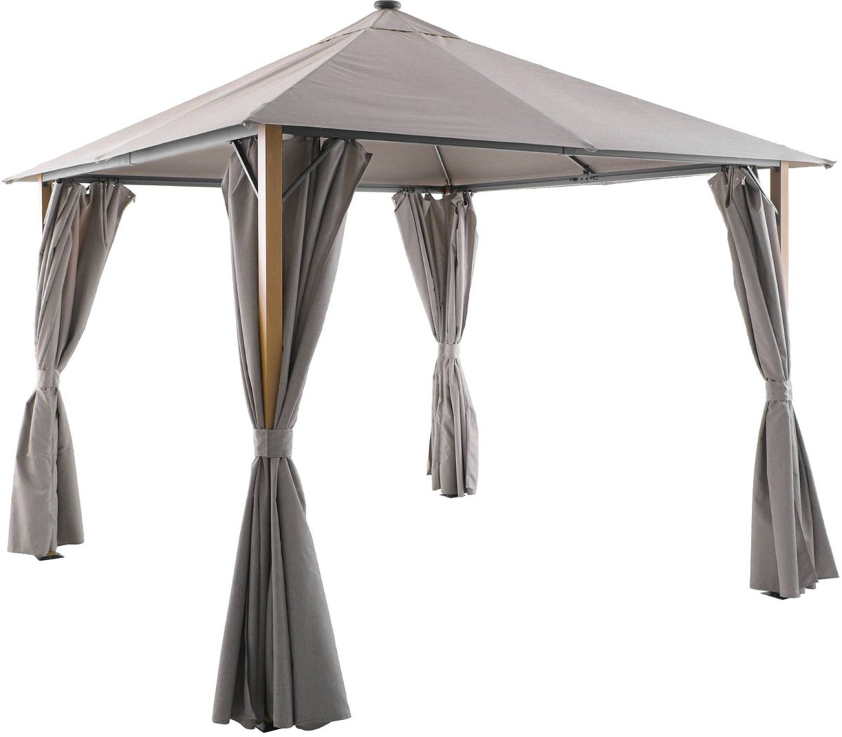 sweeek - Paviljoen voor de tuin 3x3m met gordijnen en led-verlichting aluminium met houteffect - veluna