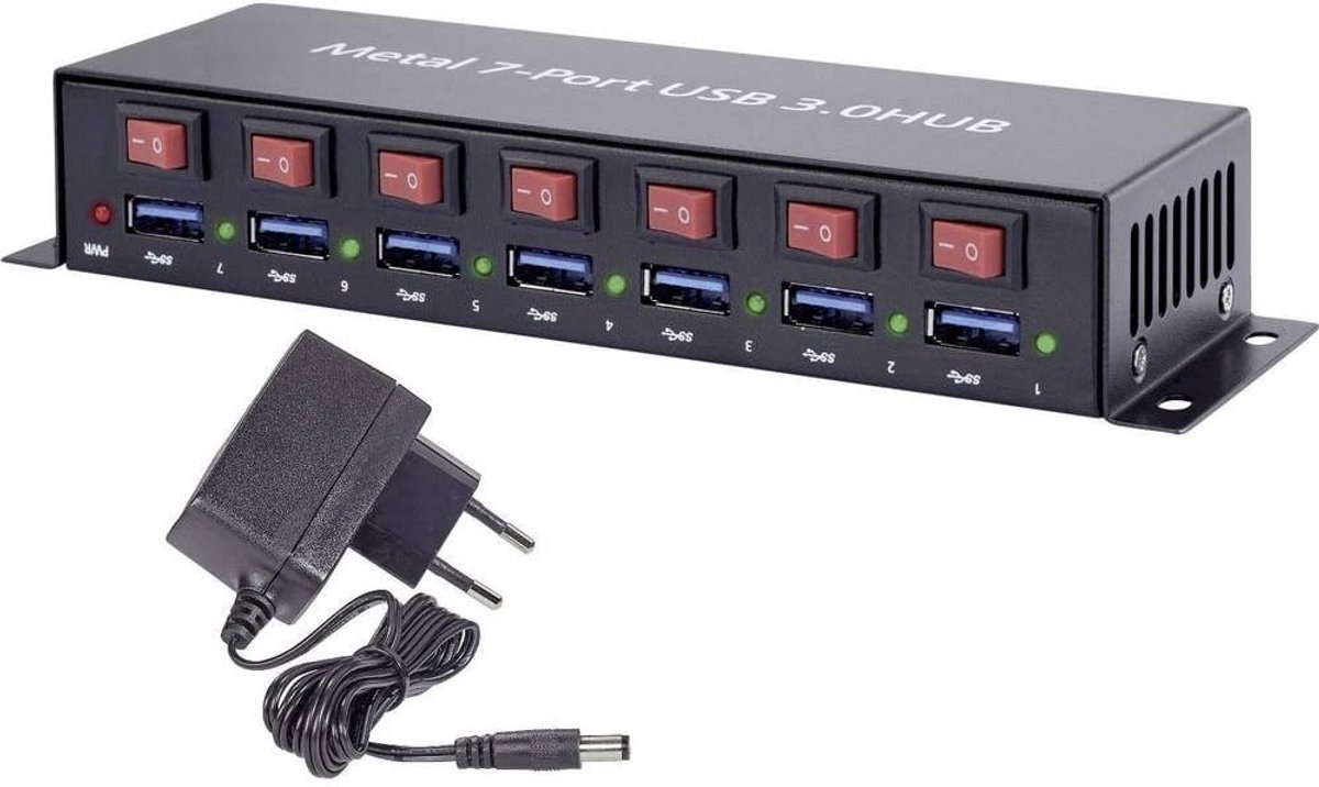 USB 3.0 Hub met 7 Poorten, Individueel Schakelbaar, Metaal