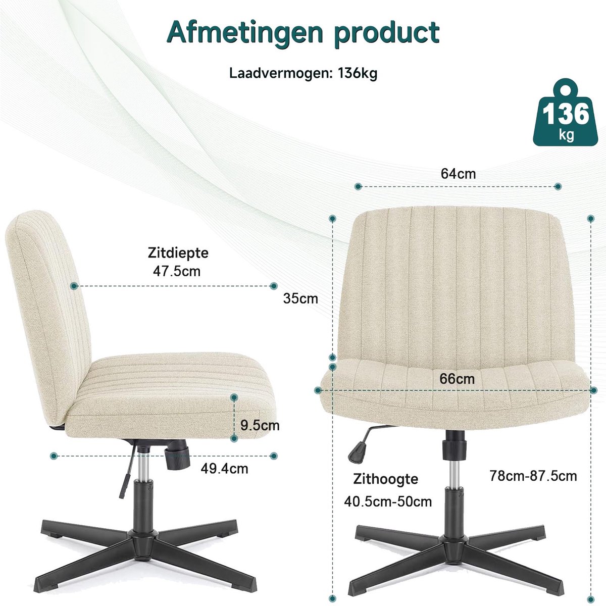 Hengjian Bureaustoel Stoffen Draaistoel Hoogte Verstelbaar Beige - afbeelding 2