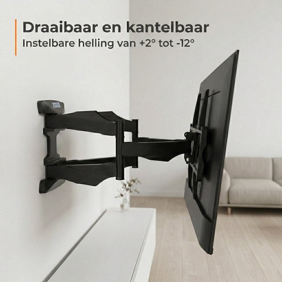 Zwarte, draaibare en kantelbare tv-muurbeugel met instelbare helling van +2° tot -12°.