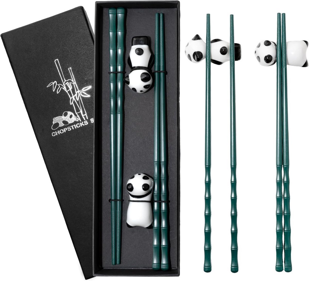 Eetstokjes Set Bamboe met Schattige Panda Stokjeshouders - Cadeauverpakking