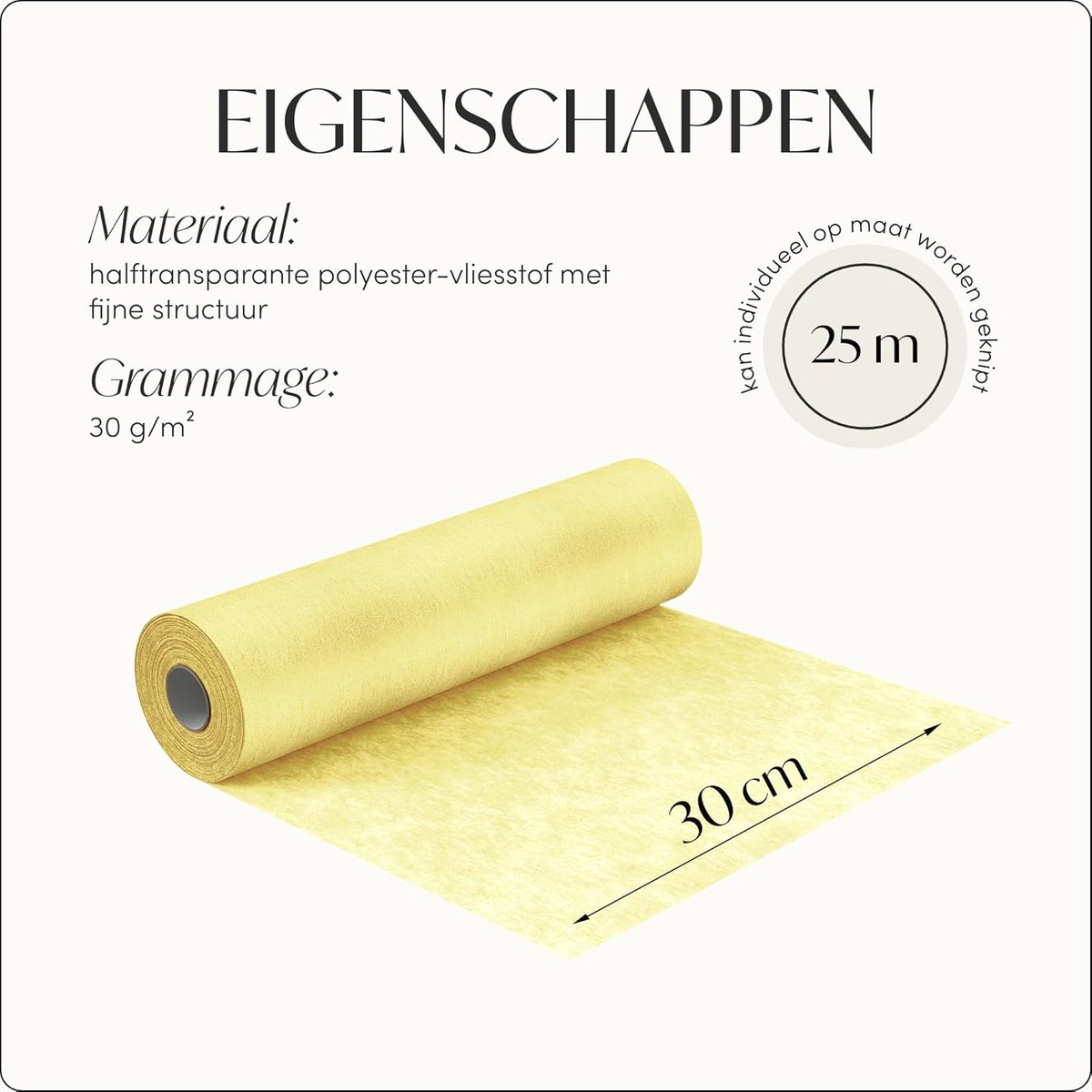 Vliestafelloper Pastelgeel 30 cm x 25 m - Decoratiestof voor Feesten en Bruiloften