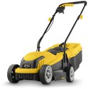 Gele en zwarte elektrische grasmaaier met 320 mm snijbreedte op witte achtergrond.