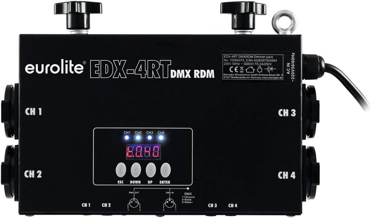 DMX Dimmer Pack 4 Kanalen met 4 Schuko Stopcontacten en Truss Bevestiging