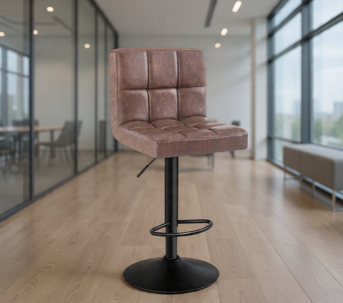 Luxe Faux Leather Barkrukken Set van 2 – Hoogte Verstelbaar 60-82 cm – 360° Draaibaar – Donkerbruine Barstoelen met Metalen Frame en Ergonomische Rugleuning – Moderne Keuken- & Home Bar Krukken-Cas...
