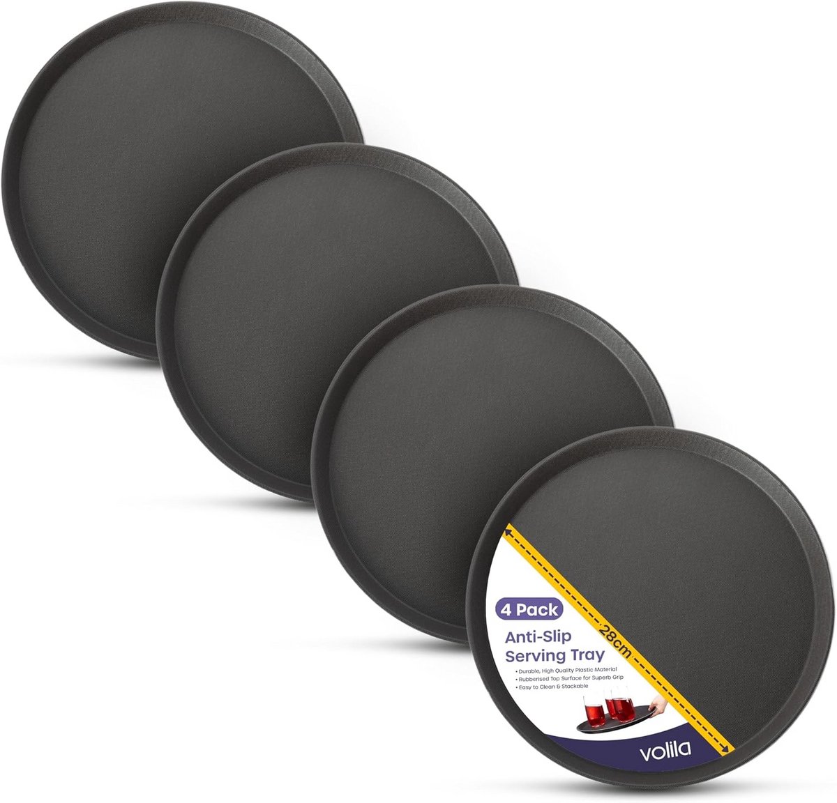 Set van 4 Ronde Serveerbladen met Antislip en Hoge Rand - Zwart - Diameter 28 cm