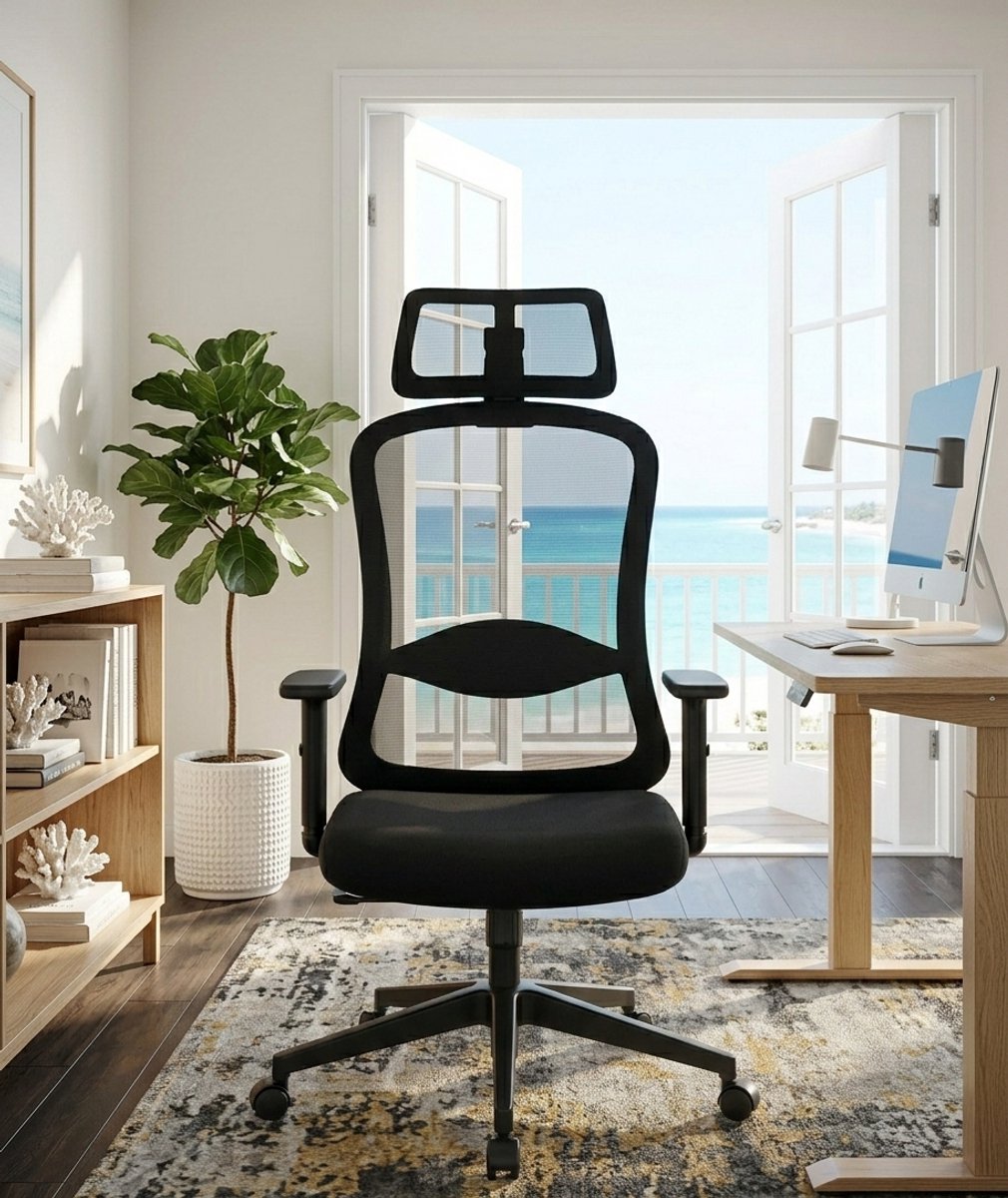Luxe Ergonomische Bureaustoel – Zwart – Comfortabele Overdimensionale Stoel met Verstelbare Lendensteun, Hoofdsteun, Armleuningen en Zitkussen – Perfect voor Thuiswerk en Kantoor,Casa Serena – Afme...