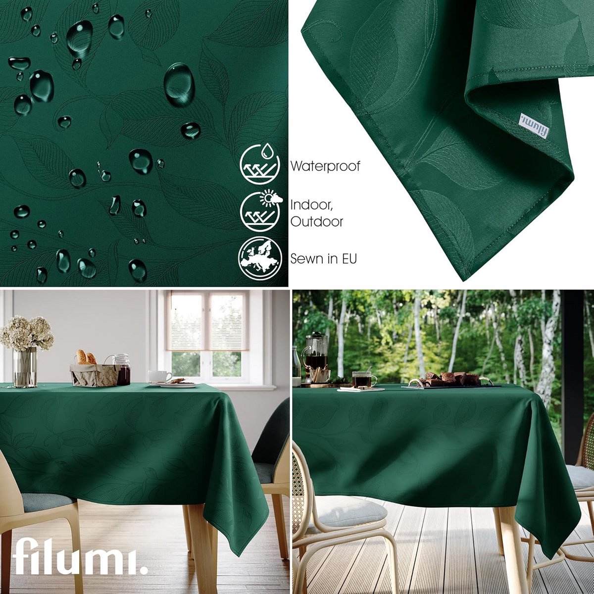 Afwasbaar tafelkleed 140 x 180 cm donkergroen met plantenpatroon