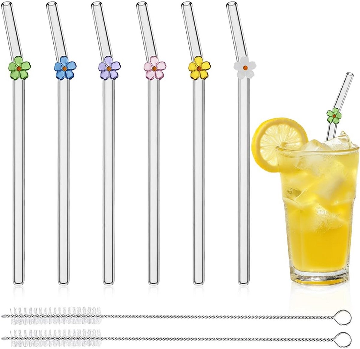 6 Herbruikbare Glazen Rietjes met Borstels voor Smoothies, Cocktail en Bubble Tea