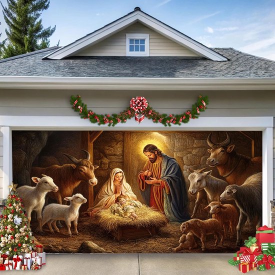 Grote Kerststal Garagedeur Decoratie voor Buiten en Binnen, Weerbestendig