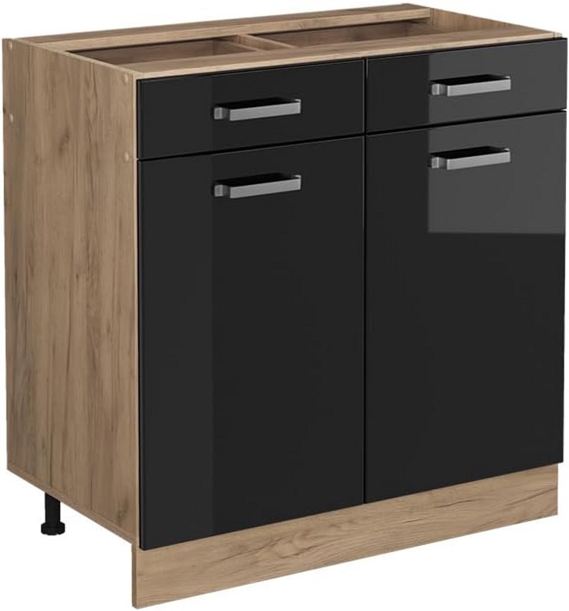 Ladeonderkast Keukenmodule 80 cm Zwart Hoogglans Oakhout Effect