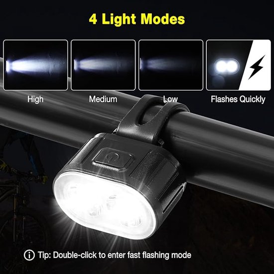 Fietslamp, krachtige LED-fietslamp, oplaadbaar, USB, lange batterijduur met flits- of vaste modus, waterdicht, IPX4, fietslamp, Geschikt Geschikt voor- en achterlicht Geschikt Geschikt voor mountainbikes, zwart, 1 polsbandje — afbeelding 3