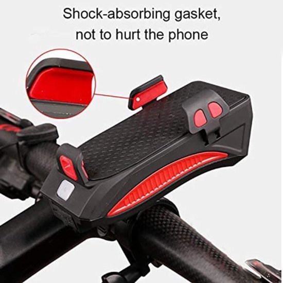 Deze 4-in-1 fietstelefoonhouder integreert een LED-fietslamp, USB-oplader en luidspreker, en is geschikt voor smartphones met een schermdiagonaal van 4 tot 6,3 inch. — afbeelding 2