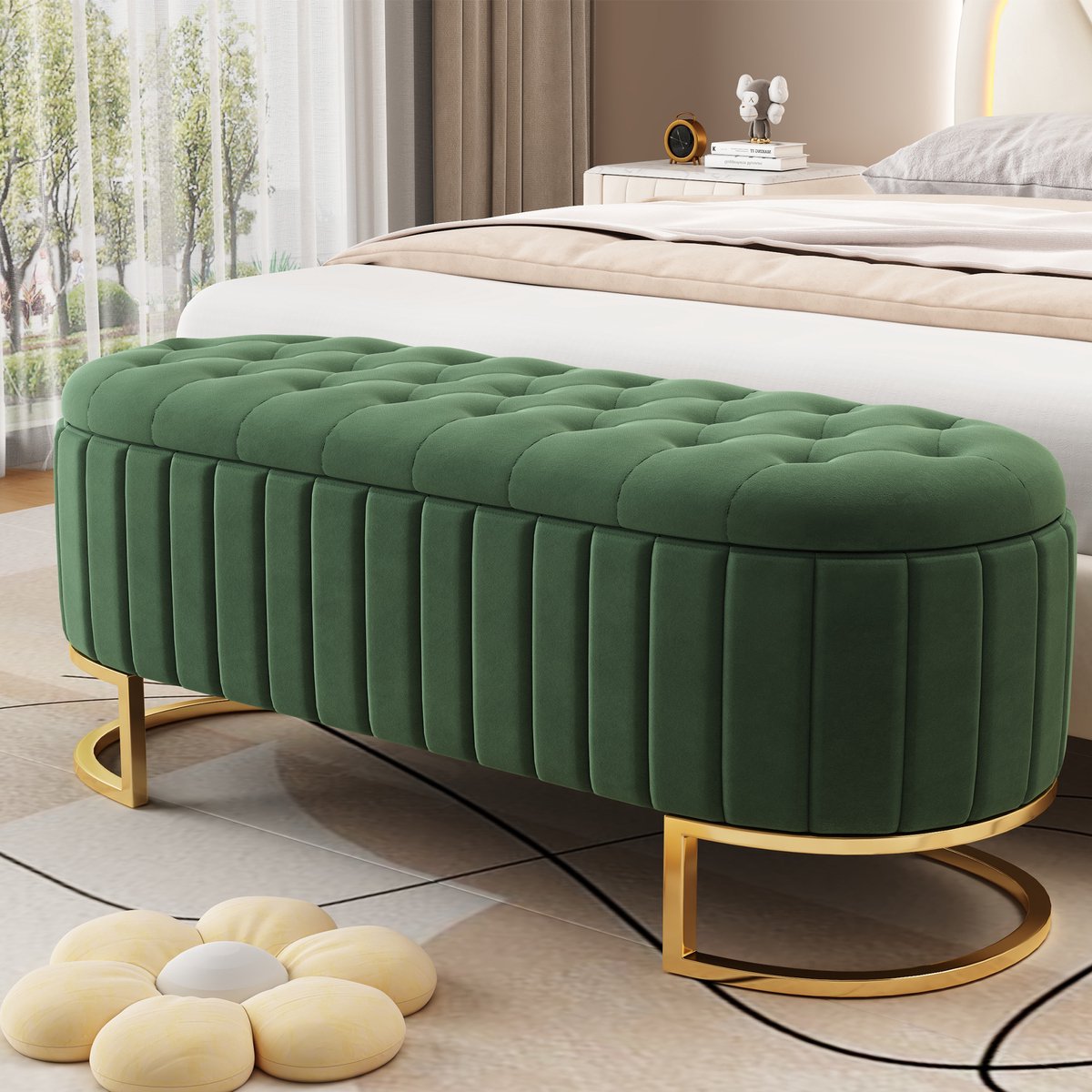 PHOEBE CAT Bedbank - Met opbergruimte - 120 x 40 cm - Gewatteerd schoenenbank - Velvet - Groen