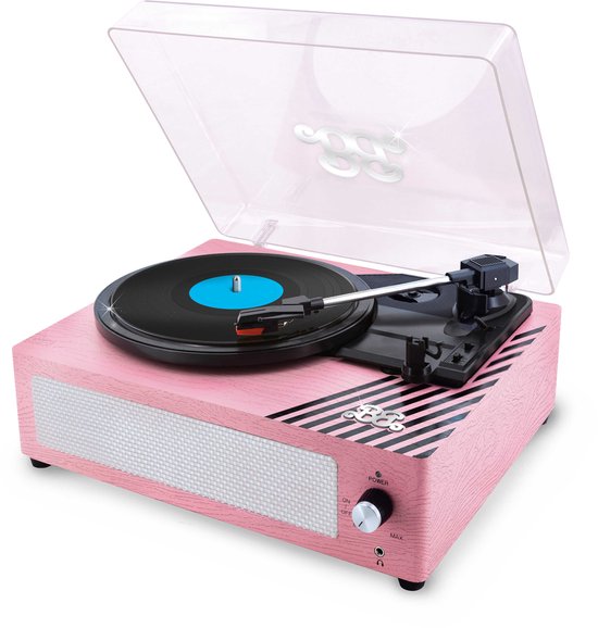 Roze Barbie platenspeler met zwarte accenten, blauwe plaat en transparante kap.