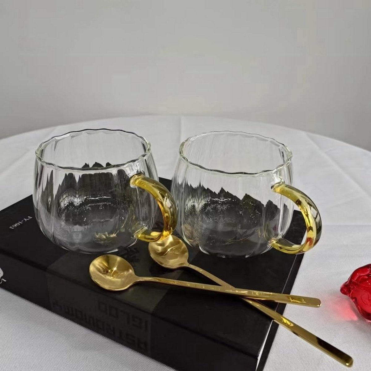 Set van 2 Glazen Koffiemokken (450 ml) met Lepels voor Warme en Koude Dranken