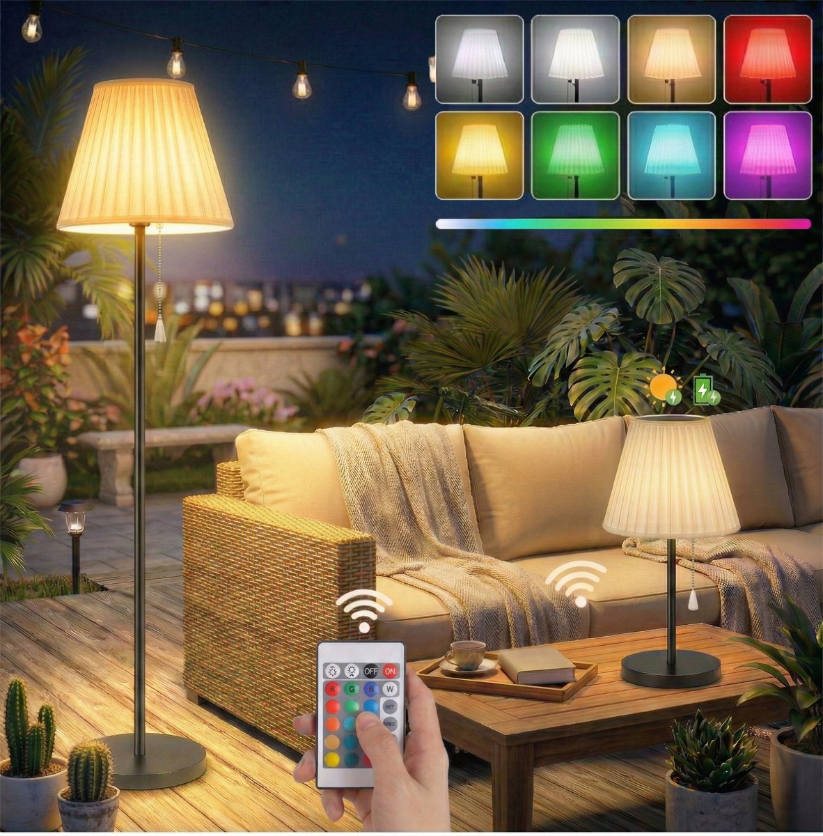 MUPOO IP65 Solar Vloerlamp Buiten met Afstandsbediening Lichtsensor- Draadloze Staande Tuinlamp Buiten op Zonne Energie & USB - RGB + Warm Wit -geheugenfunctie - Dimbaar - 143cm- voor Terras, Gazon, Zwembad, Tuin