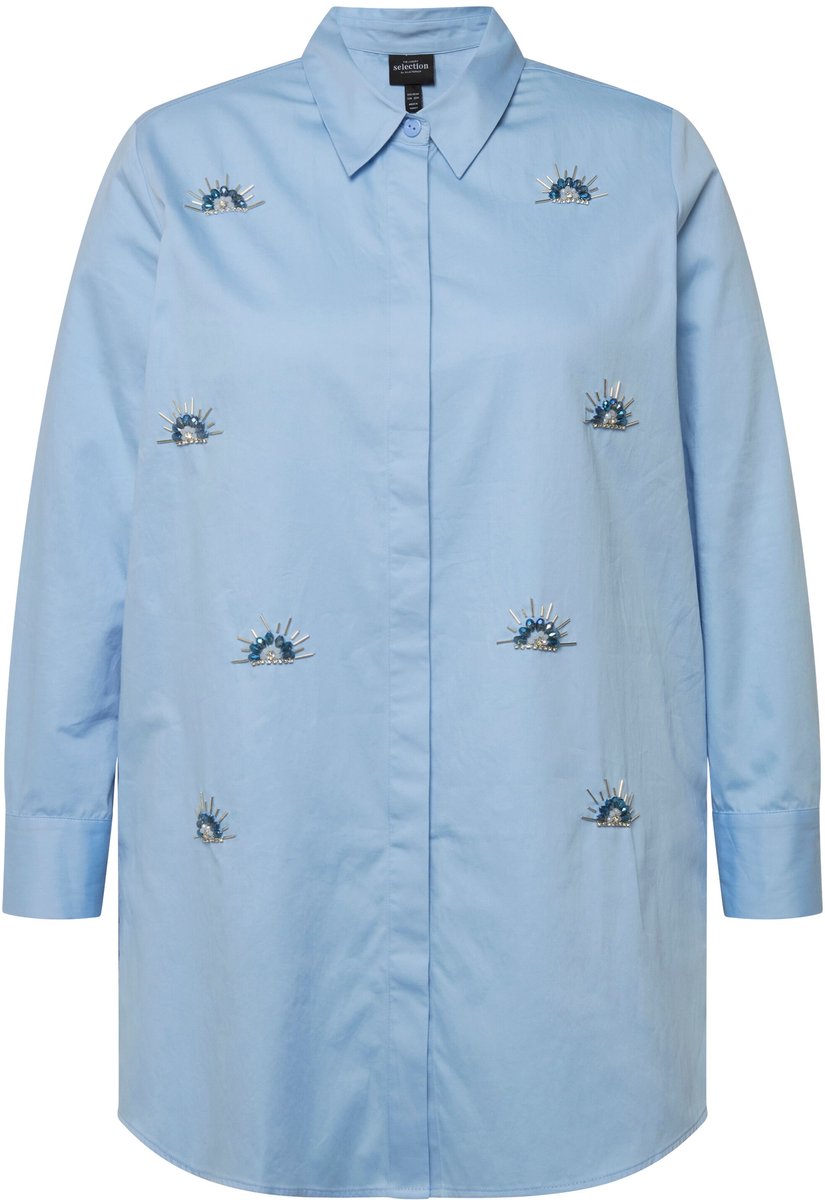 Ulla Popken - Dames - Overhemdblouse borduurwerk pareltjes overhemdkraag - Lichtblauw - Maat 46+