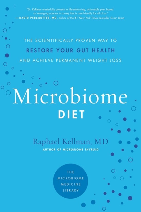Boek 'Microbiome Diet' met blauwe kaft en witte tekst, met cirkels.