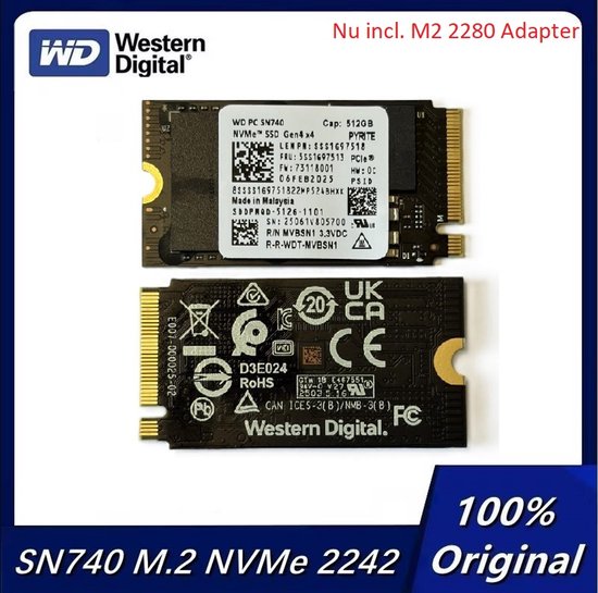 WD SN740 512GB NVMe M.2 2242 SSD, met tekst op het label. Inclusief M.2 2280 adapter.