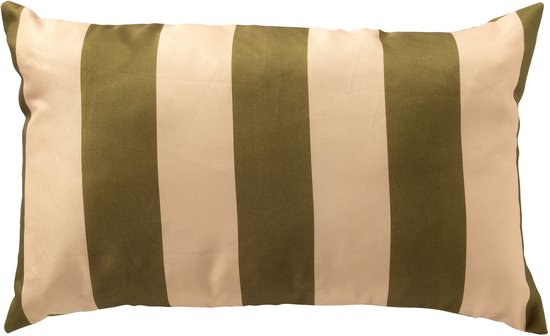Rechthoekig kussen met dikke, verticale strepen in olijfgroen en beige.