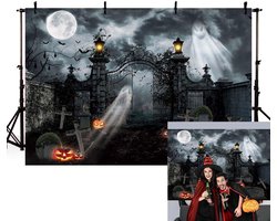 Halloween Fotografie Achtergrond 7x5ft Zwart Grijs met Pompoen en Geest Decoratie voor Feest en Studio