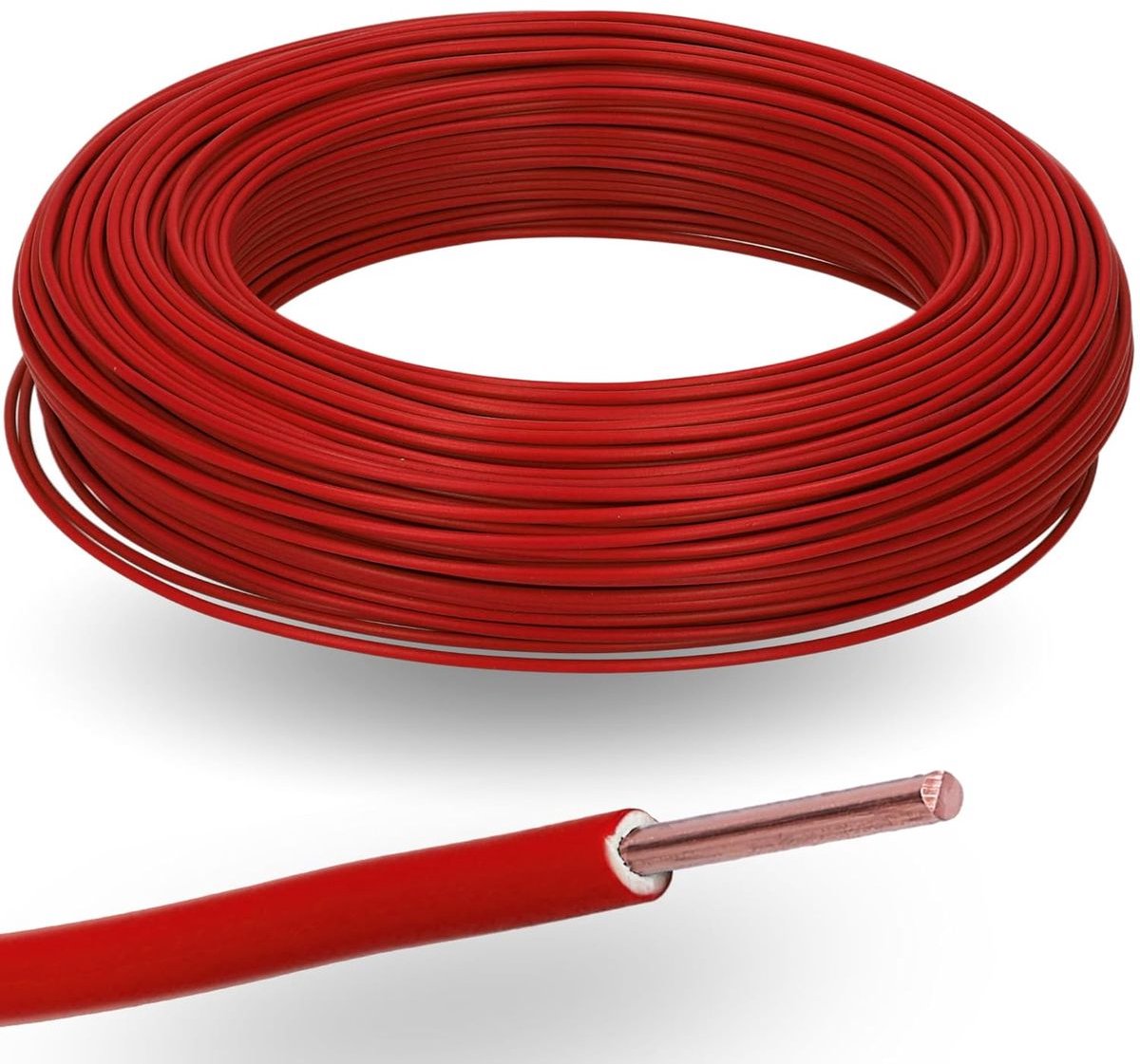 10 meter Kalitec H07V-U 1x1,5 mm² rode vlamvertragende PVC-kabel met één ader en 1,5 mm² gevlochten koperdraad, 450/750 VI, voor de interne bedrading van machines en verlichting.