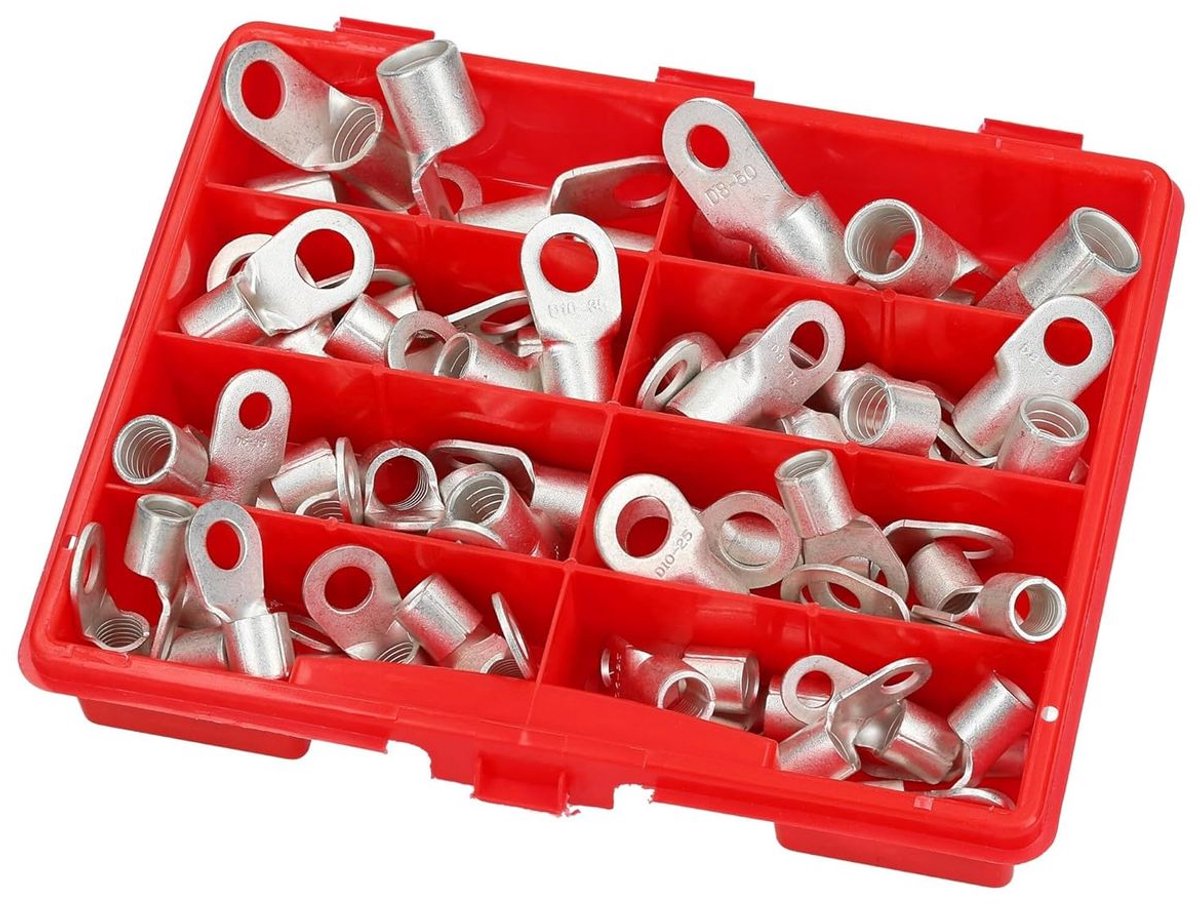 Kalitec KALI-1571 Assortimentsdoos Krimpklemmen voor kabelogen 25-50mm² | PVC-isolatie | Trekontlasting 150N | Koperen contactmateriaal | M8-schroefverbinding | Inhoud set: 200 stuks