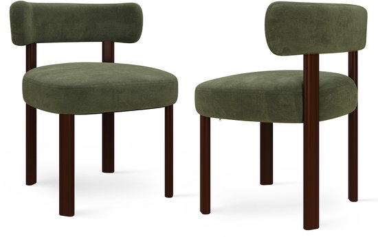 Twee groene eetkamerstoelen met een gestoffeerde zitting en rugleuning, met houten poten.