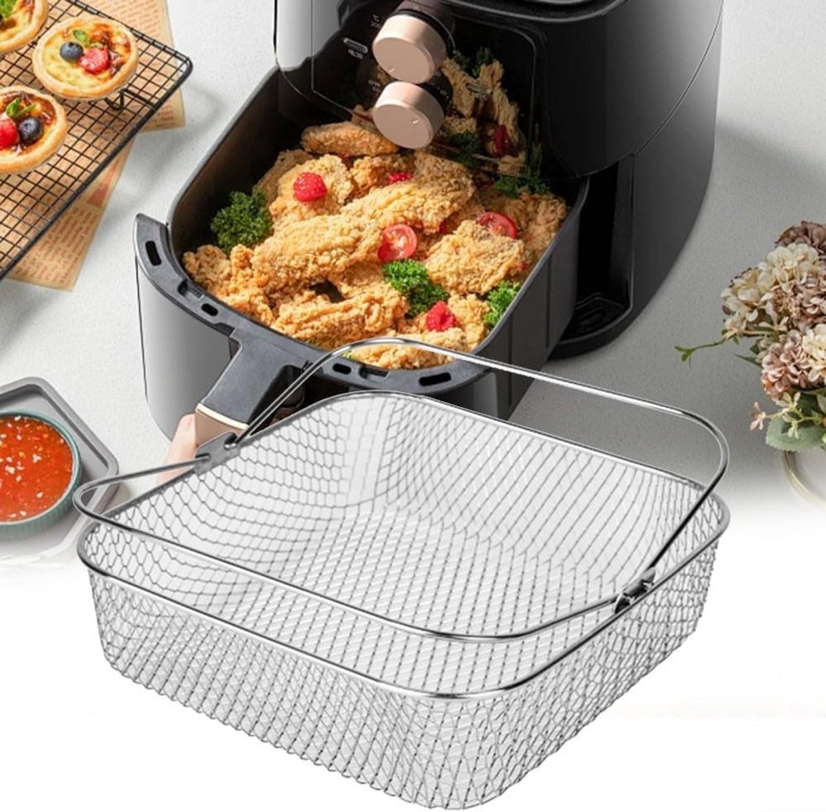 Vierkante Airfryer Accessoire RVS Frituurmand met Handvat