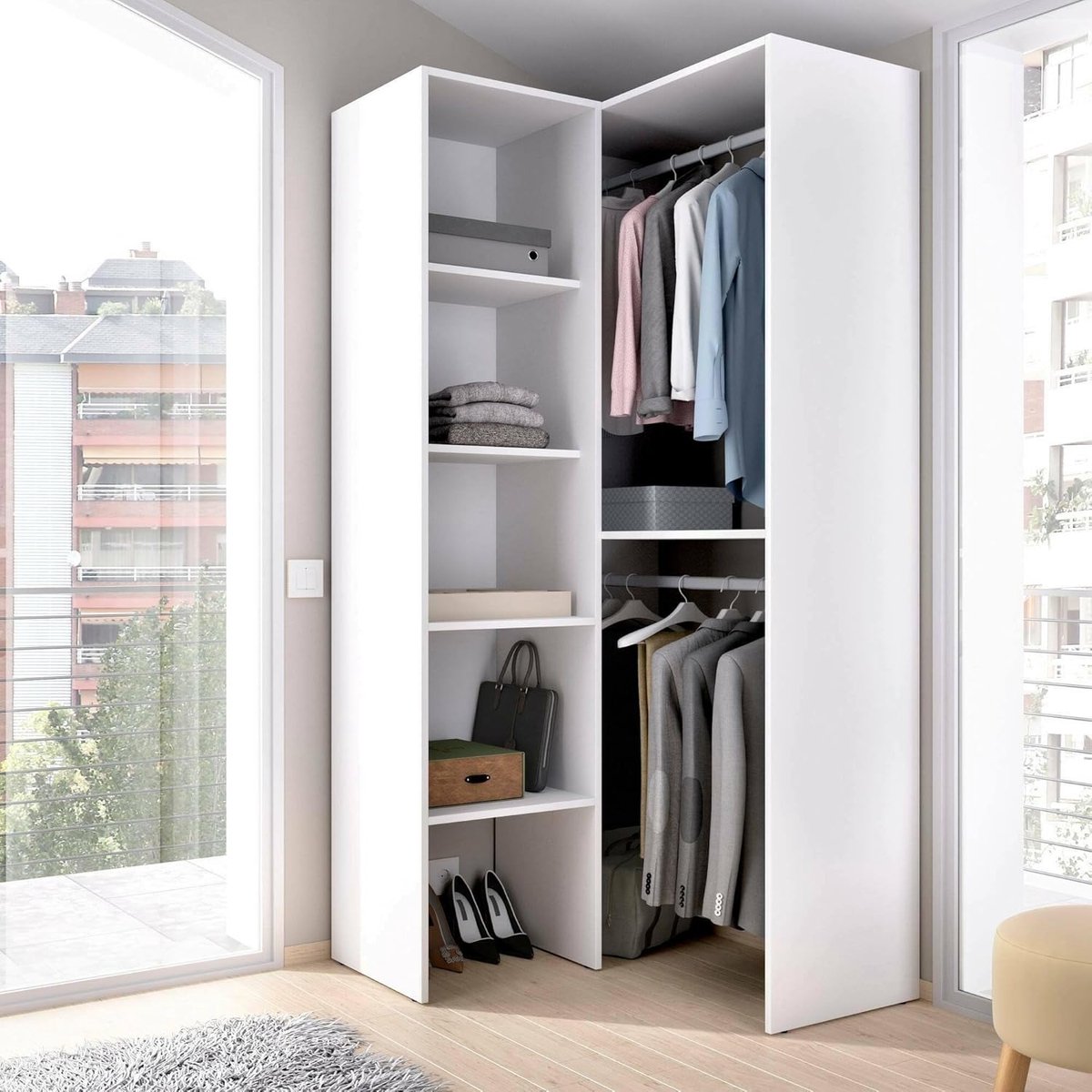 Hoekkledingkast 79,4 x 88,4 x 185,5 cm – Open Inloopkast met 4 Planken en 2 Kledingstangen – Ruimtebesparende Hoekkast Wit – Bernina Luxe Serie – Abkantoor