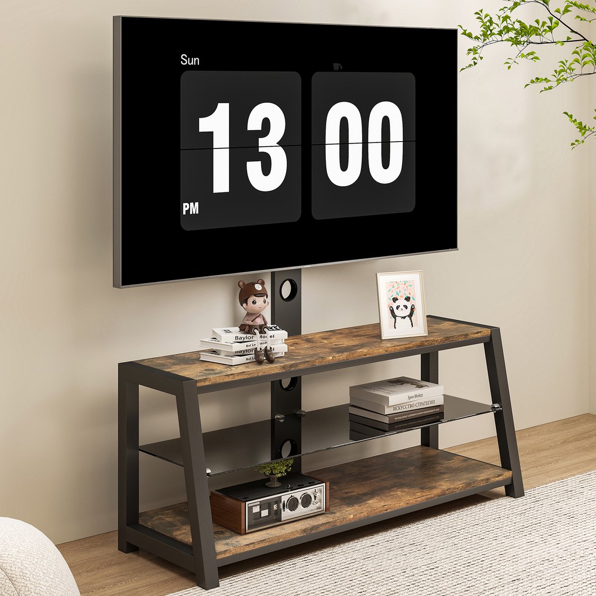 OKWISH Tv Meubel Met Draaibare En Hoogteverstelbare Tv Standaard - Voor 32 Tot 65 Inch - Bruin - MDF En Metaal - 116x42x125 Cm
