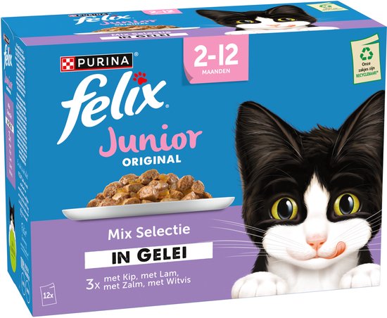 Felix Junior Original Mix Selectie in gelei kattenvoer. 12 sachets. Met kip, lam, zalm, witvis.