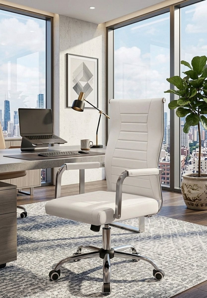 Luxe Ergonomische Bureaustoel Wit met Hoge Rugleuning en Kunstleer – Verstelbaar 102-112 cm – 136 kg Draagvermogen – Draaibare Directiestoel voor Kantoor & Thuiswerk | Casa Serena – 112 cm – Casa D...