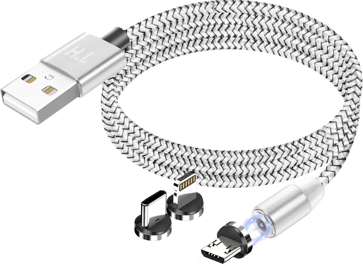 Avizar Magnetische 3-in-1 Kabel USB-C / Lightning / Micro-USB naar USB-A 1m, Zilver