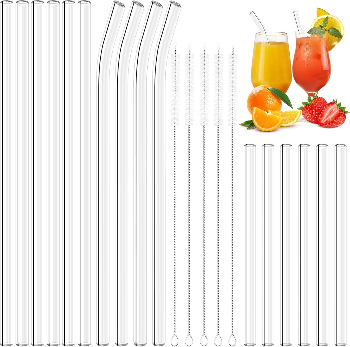 Set van 16 Herbruikbare Glazen Rietjes, Recht en Gebogen, Inclusief Borstels