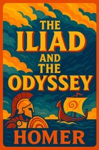 Livre 'The Iliad and the Odyssey' par Homère, avec un guerrier grec et un navire, sur fond de nuages et de mer.